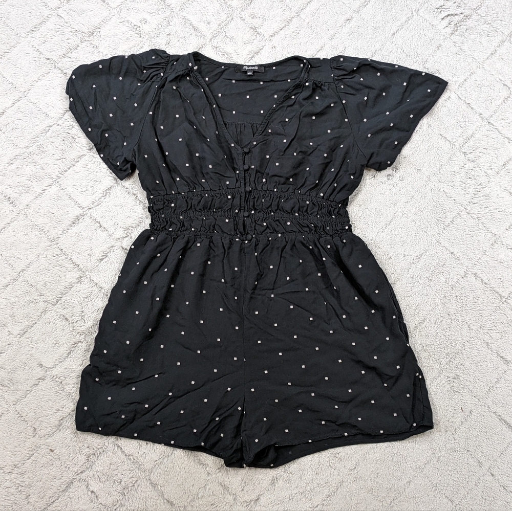 Madewell Romper Women's 2 Black Square Spot Sophia V-Neck Flutter Sleeves